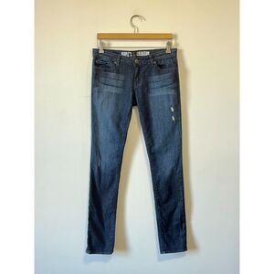 2000s Low Rise Dark Wash Distressed Star Pocket Skinny Jeans Stretch 28 x 32